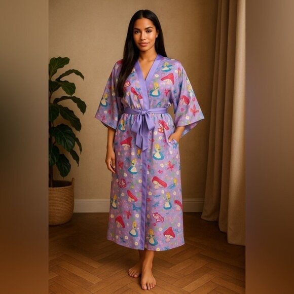 Disney Alice in Wonderland Kimono Robe XL Lavender Mushrooms Fairycore - Picture 1 of 15